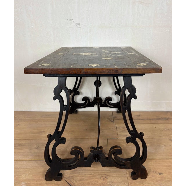 Brown 1930s Spanish Baroque Style Side Table with Floral Marquetry Top and Ebonized Base For Sale - Image 8 of 13