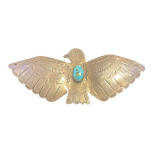 Antique Navajo Hand Done Eagle Brooch Sterling Silver 7 Turquoise Early Fred Harvey