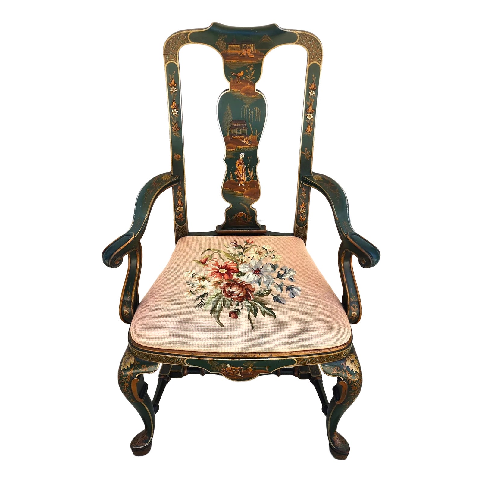 Antique Chinoiserie Decorated Queen Anne Arm Chair, image size:1600x1600
