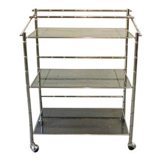 Faux Bamboo Silver and Smoked Glass Mid Century Bar Cart For Sale