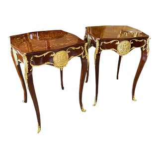 French Louis XV Style Side Table Set of 2 – Rich Wood Finish With Ornate Gold Leaf Mounts & Medallion Details For Sale