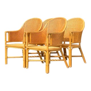 Vintage Coastal Cane Rattan Dining Chairs After McGuire - Set of 4 For Sale
