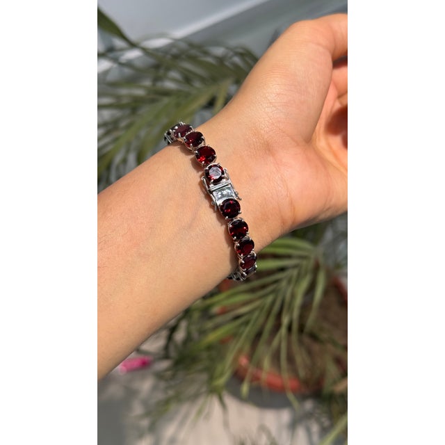 925 Sterling Silver Round 52.45 Ct Red Garnet Tennis Bracelet Everyday Luxe Style For Sale - Image 6 of 14