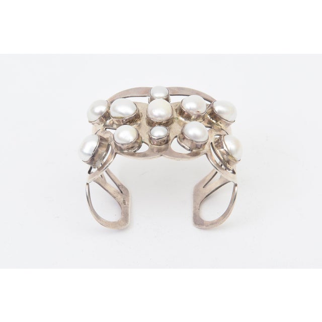 1980s Vintage Sterling Silver and Pearl Artisan Wide Cuff Bracelet, 1980's. For Sale - Image 5 of 11