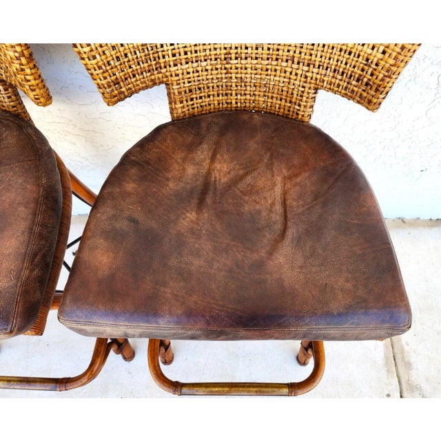 Mid-Century Modern Kreiss Bamboo Barstools Leather Pair For Sale - Image 3 of 13