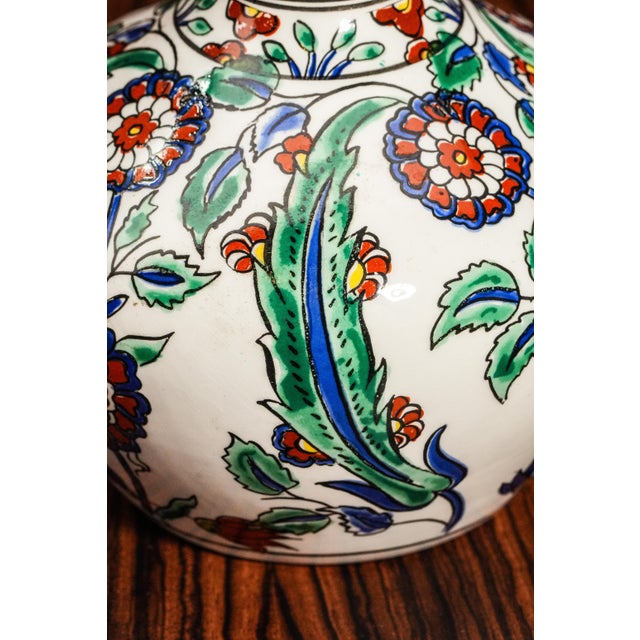White Vintage Mediterranean Hand Painted Colorful Rhodish Floral Pattern Ceramic Vase For Sale - Image 8 of 11