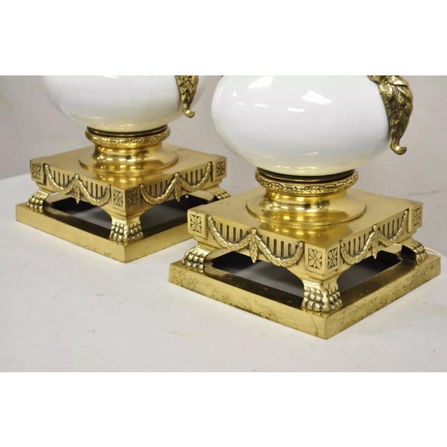 Mid 20th Century Vintage French Empire Neoclassical White Porcelain Brass Ormolu Table Lamp Pair For Sale - Image 5 of 12