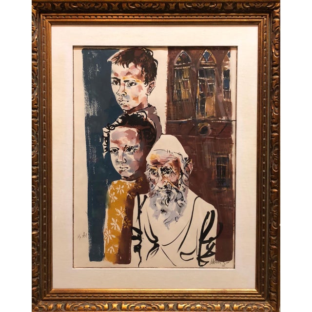Moshe Gat, Large Watercolor Painting Israeli Modernist Judaica Rabbi with Children, Bezalel, c.1960 For Sale