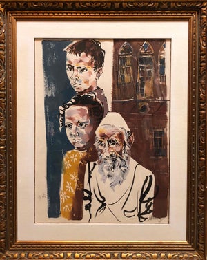 Moshe Gat, Large Watercolor Painting Israeli Modernist Judaica Rabbi with Children, Bezalel, c.1960