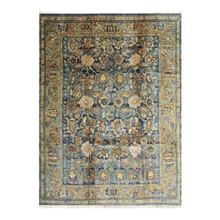 9x12 Blue Hand-Knotted Wool Faded Floral Bloom Geometric Modern Carpet Rug For Sale