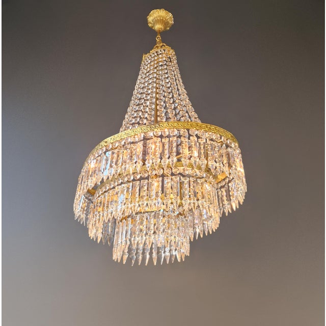 1920s Antique Art Nouveau Low Oval Plafonnier Crystal Chandelier Brass Lustre Ceiling For Sale - Image 5 of 13