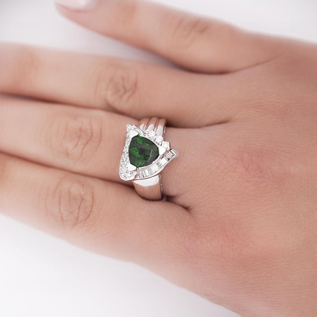 2.50 Carat Rich Green Trilliant Checkerboard Cut Tsavorite with 23 Round Diamonds and 9 Baguette Diamonds 18K White Gold...