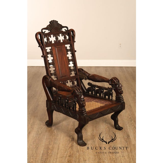 Exceptional 19th Century Anglo-Indian / Burmese Colonial Figural Carved Hardwood Throne Armchair For Sale - Image 14 of 18