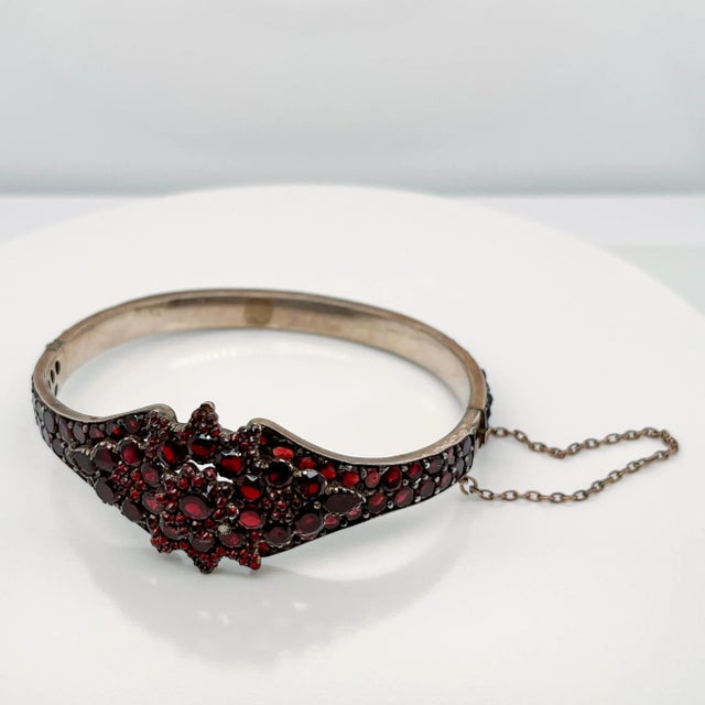Metal Vintage Antique Bohemian Gold Filled Garnet Bangle Bracelet For Sale - Image 7 of 12