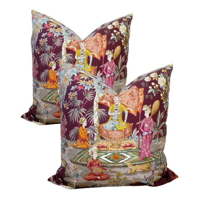 Plum Southeast Asian 22" Chinoiserie Two-Sided Pillows - a Pair For Sale