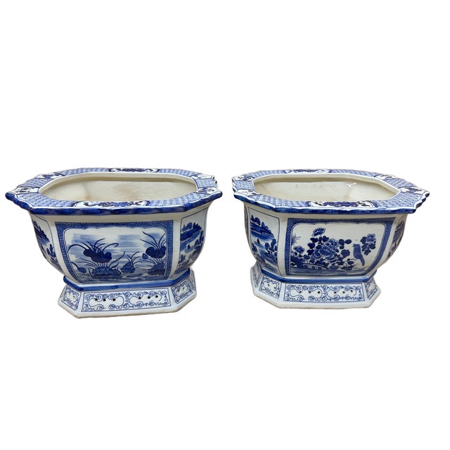 2020s Contemporary Large Chinoiserie Blue & White Botanical Jardinieres - A Pair For Sale - Image 5 of 5