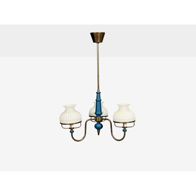 1940s 1940s Swedish Modern, Pendant Light, Blue Lacquered Wood, Glass, Brass For Sale - Image 5 of 12