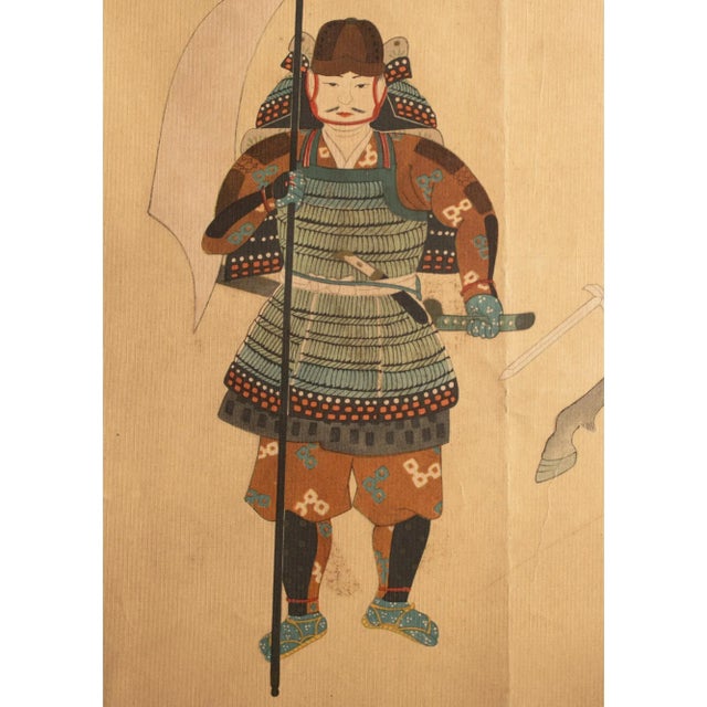 Tan Pre-1940 Showa Era Japanese Print on Silk "Samurai" For Sale - Image 8 of 12