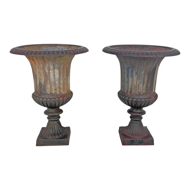 Antique 19th Century Cast Iron Neoclassical Garden Urns - A Pair For Sale