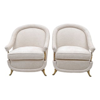 Mid-Century French Art Deco Style Armchairs with Brass Details, 1950s, Set of 2 For Sale