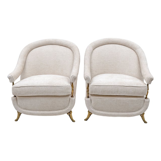 Mid-Century French Art Deco Style Armchairs with Brass Details, 1950s, Set of 2 For Sale
