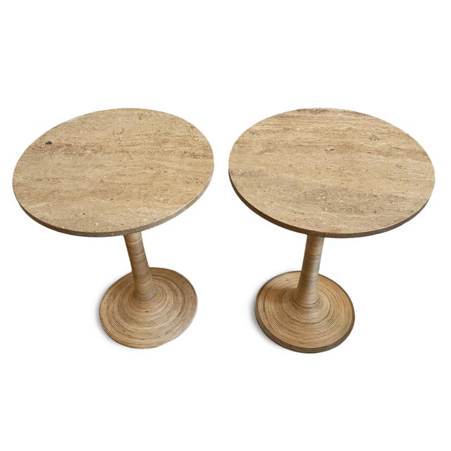 2020s Round Travertine & Cane Contemporary Coastal Side Table For Sale - Image 5 of 7