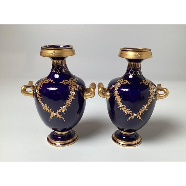 Mid 19th Century A Diminutive Pair of Cobalt and Gilt Porcelain Neoclassical Cabinet Vases For Sale - Image 5 of 8