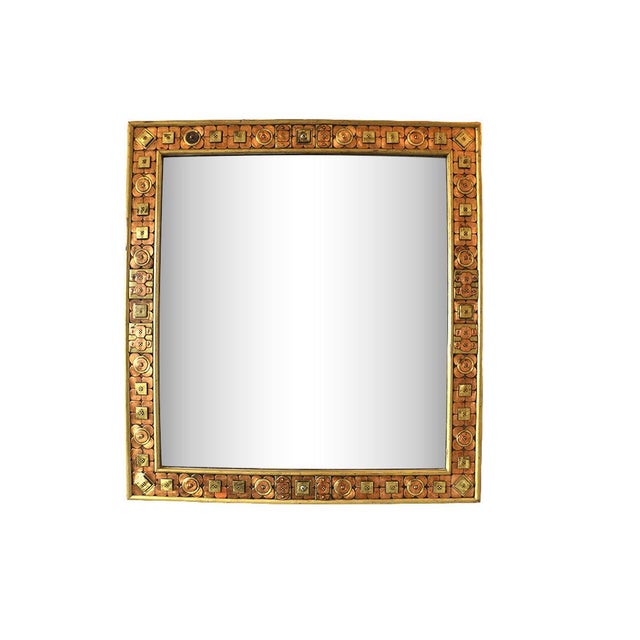 1960s Large Square Mirror with Wooden Frame and Brass Trim, Italy, 1960s For Sale - Image 5 of 5