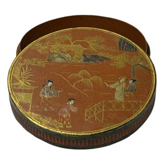 Vintage Handmade Round Brown Golden Scenery Artistic Wood Box For Sale