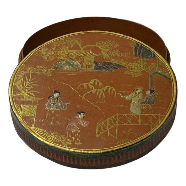 Vintage Handmade Round Brown Golden Scenery Artistic Wood Box For Sale