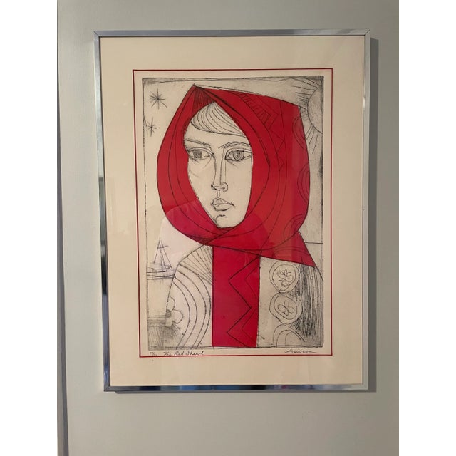 Red Mid 20th Century "The Red Shawl" Irving Amen Modernist Figurative Numbered Print, Framed For Sale - Image 8 of 8