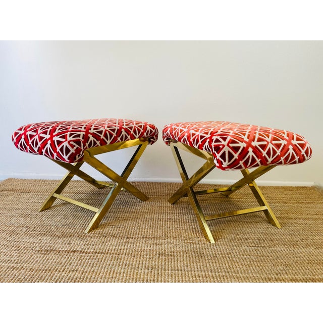 Vintage 1970s Pair of Brass X Base Weiman / Warren Lloyd Mastercraft Geometric Velvet Upholstered Stools Ottomans For Sale - Image 9 of 18