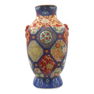 Vintage Chinese Imari Mixed Color Porcelain Vase With Bat Faux Handles