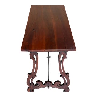 19th Spanish Side Table With Carved Turned Legs and Iron Stretcher For Sale