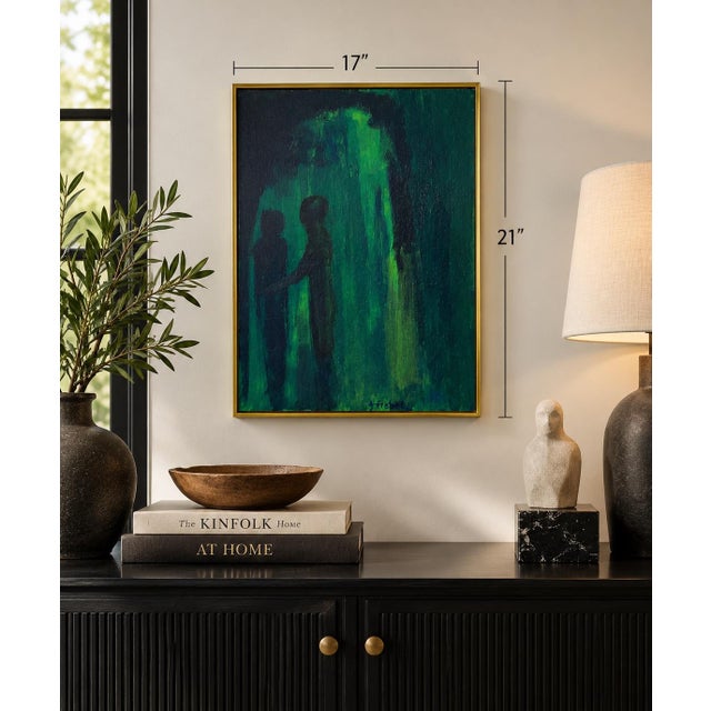 Original signed abstract figurative painting featuring two silhouetted figures emerging from layers of deep emerald,...