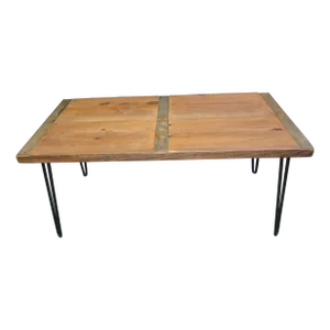 1990s Industrial Hand Crafted Wood & Metal /Steel Strips Coffee Table With Hairpin Legs