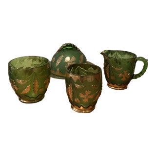 Circa 1898 Antique Emerald Green Glass With Gold Eapg Table Set in American Beauty Pattern- Set of 4 For Sale
