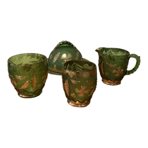 Circa 1898 Antique Emerald Green Glass With Gold Eapg Table Set in American Beauty Pattern- Set of 4