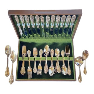 “Baroque by Godinger” Silverplate 65-Piece Flatware Set: Service for 12 With Serving Pieces and Vintage Storage Chest For Sale