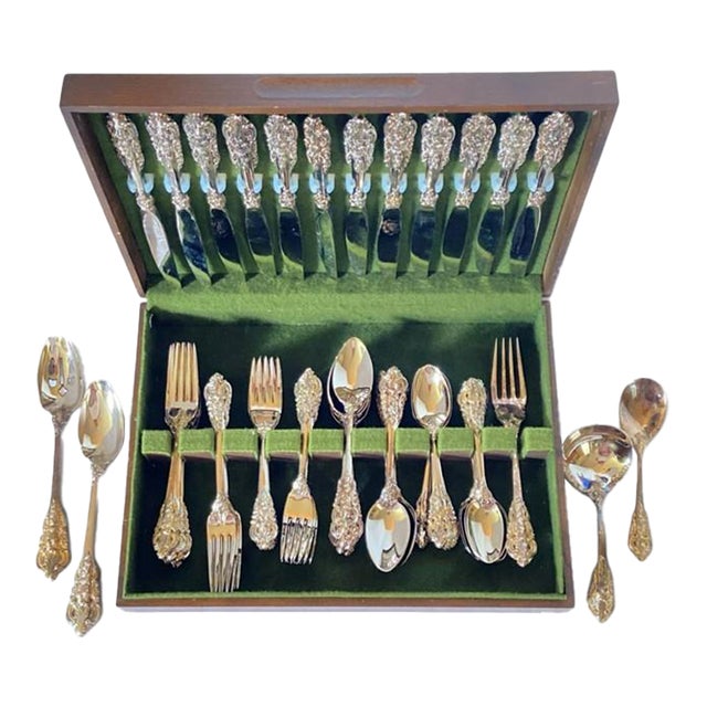 “Baroque by Godinger” Silverplate 65-Piece Flatware Set: Service for 12 With Serving Pieces and Vintage Storage Chest For Sale