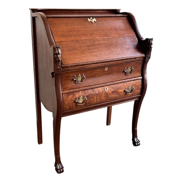 Antique Tiger Oak Slant Front Secretary Desk For Sale