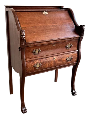 Antique Tiger Oak Slant Front Secretary Desk