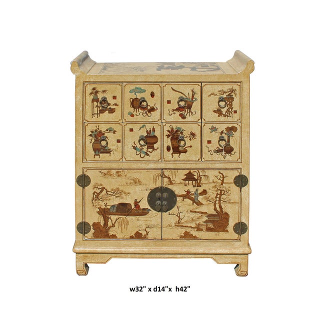 Chinese Golden Beige Veneer Print Graphic Side Table Drawers