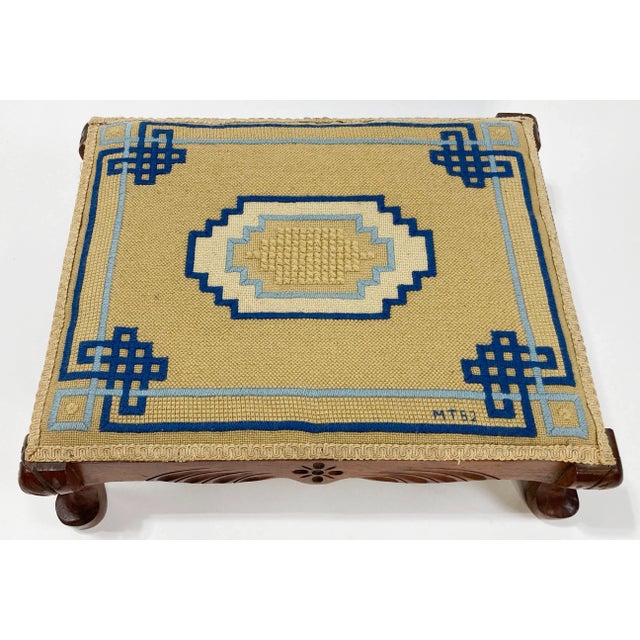 American Vintage Needlepoint Carved Wood Footstool For Sale - Image 3 of 9