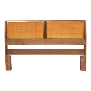 Mid Century Modern Cane and Walnut Full-Sized Headboard For Sale