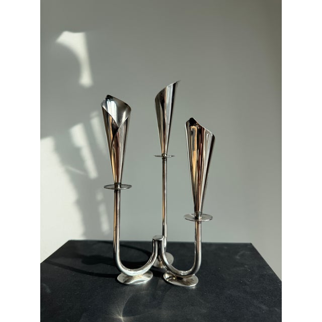 Mid Century Modern Hans Jensen Calla Lily Triple Candle Holder from Denmark. Beautiful unique shape.