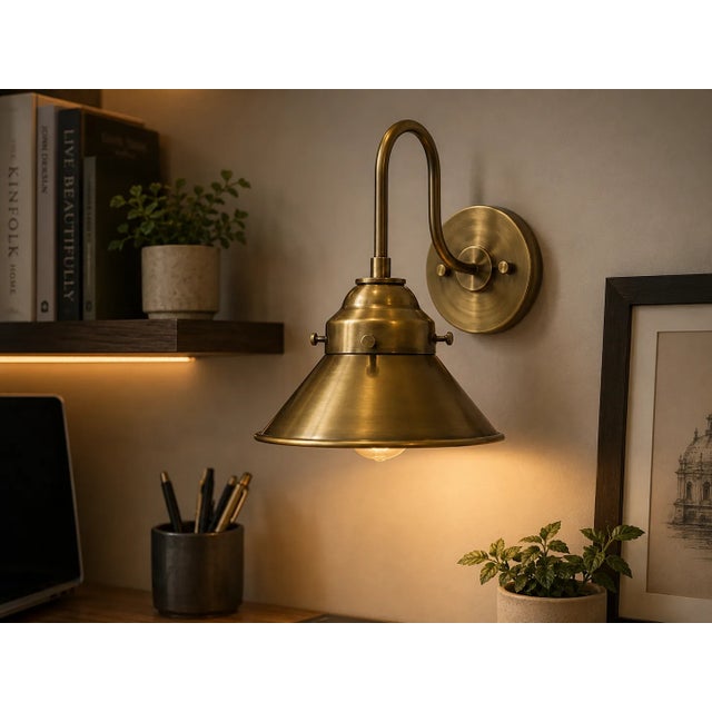 Brass Solid Brass Industrial Wall Sconce, Antique Brass Dome Shade, Farmhouse Bedroom Lighting For Sale - Image 8 of 11