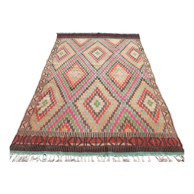 1960s Vintage Turkish Handmade Kilim Rug - 74"x114" For Sale