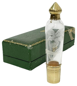 French Gold Plated and Engraved Silver Traveling Liqueur Bottle, 1890s, Set of 2