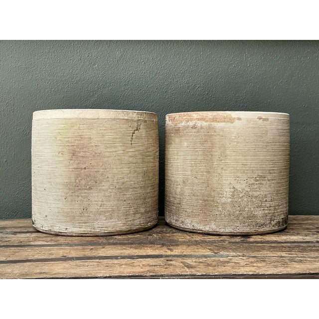 This pair of vintage cement planters offers a compelling blend of architectural structure and rustic texture. Each vessel...